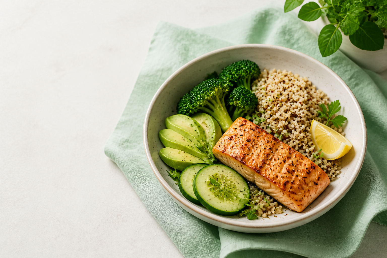 High protein GLP-1 friendly meal bowl with salmon, quinoa, broccoli, and avocado